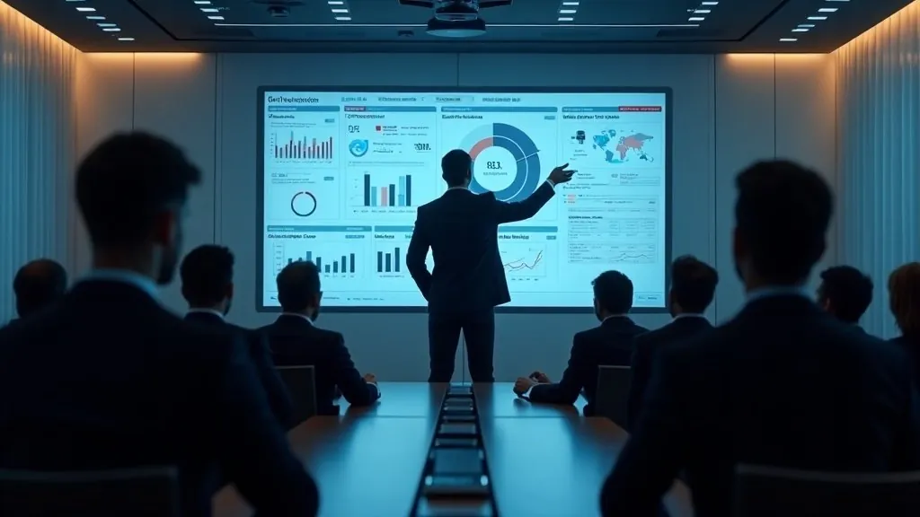 A leader presenting a dashboard to a seated boardroom.