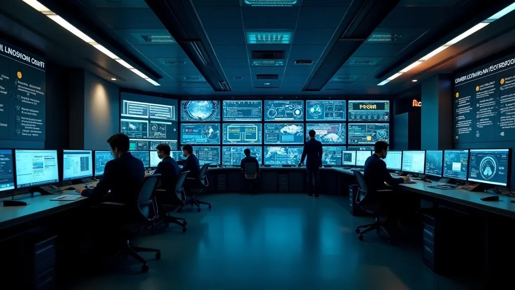 An operations centre wall of monitors with staff working beneath it.