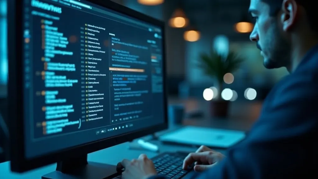 A person reviewing a long policy log on a large monitor in a dim office.