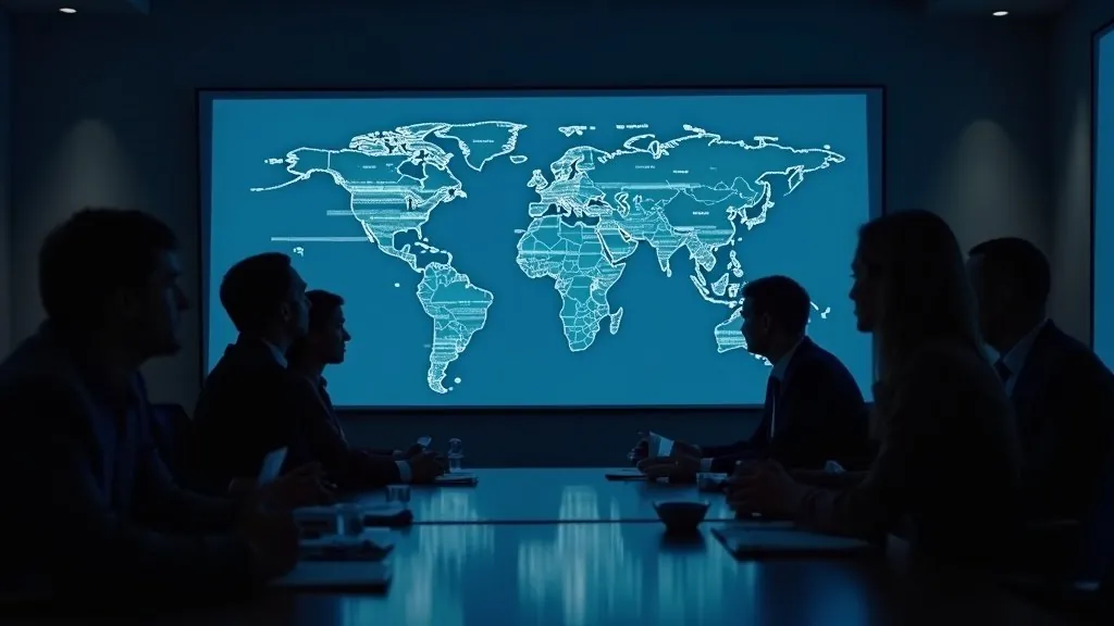 A leadership team in a dark boardroom facing a lit world map display.